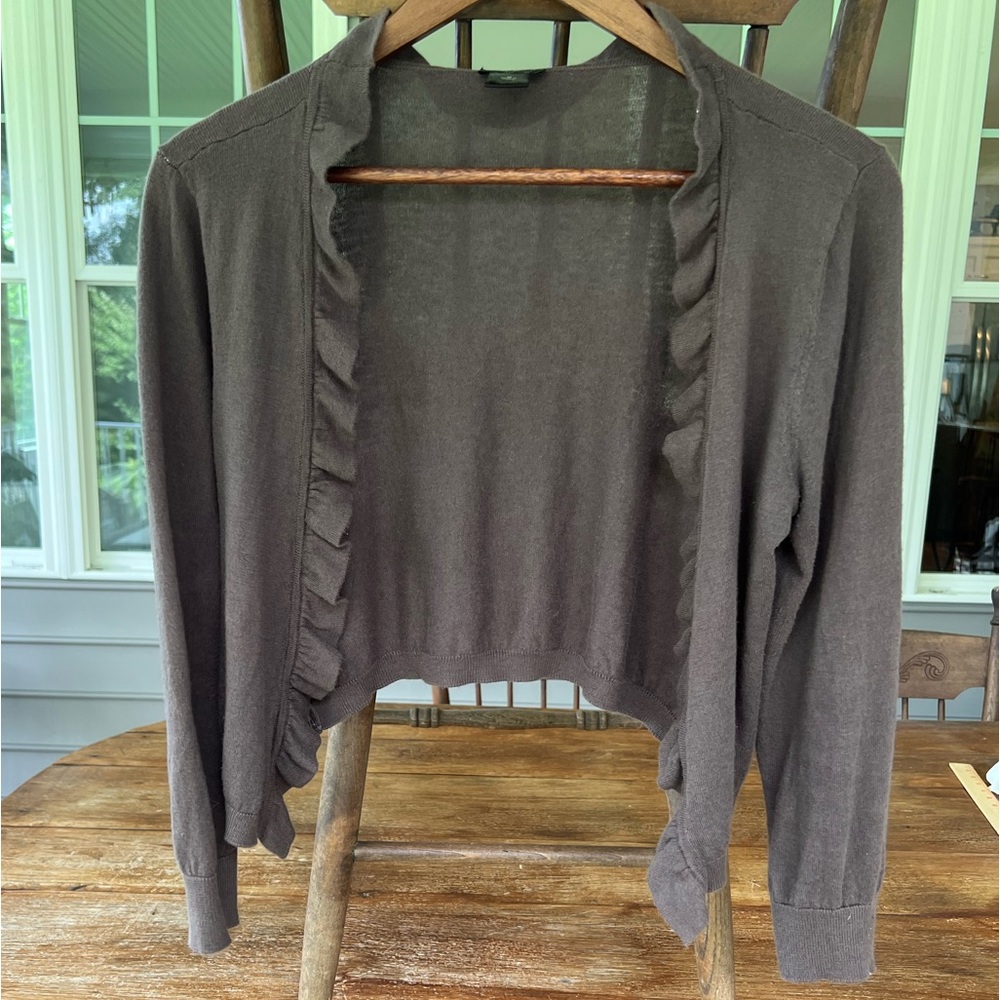 Ann Taylor Brown Cropped Ruffle Open Sweater Cardigan Cotton Blend Medium